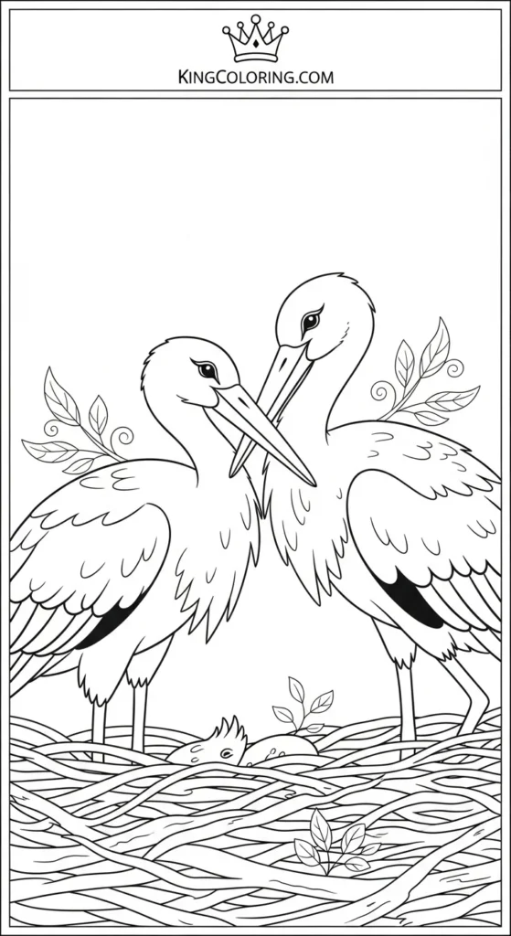 Two Storks Interacting In Nest Coloring Sheet