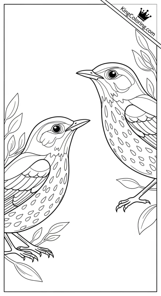 Two Thrush Birds Facing Each Other Coloring Sheet.