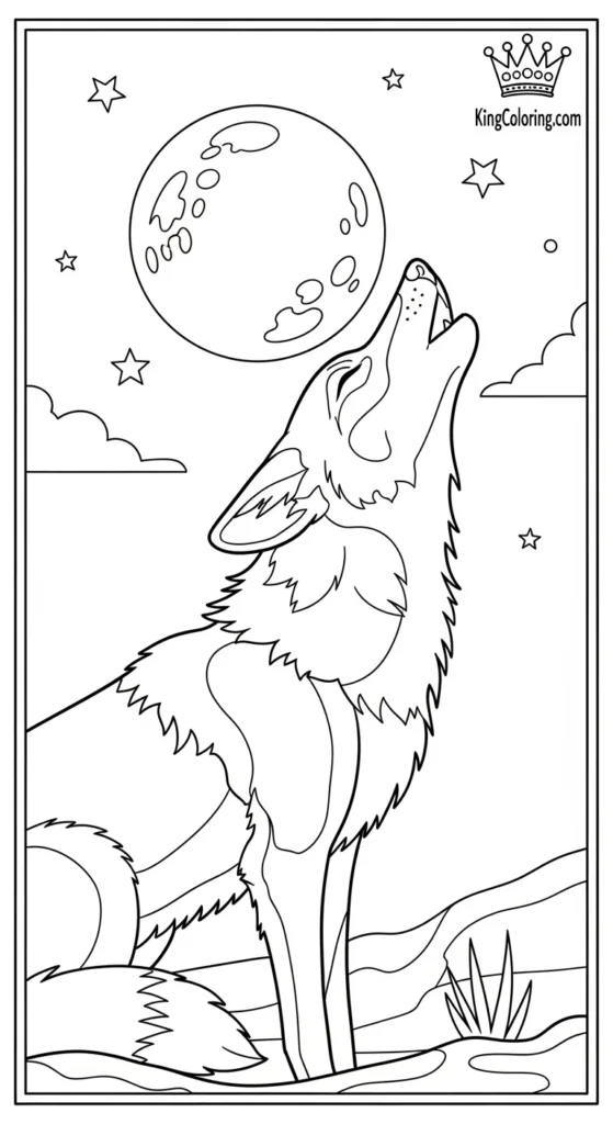 Under A Full Moon, A Howling Coyote Coloring Sheet