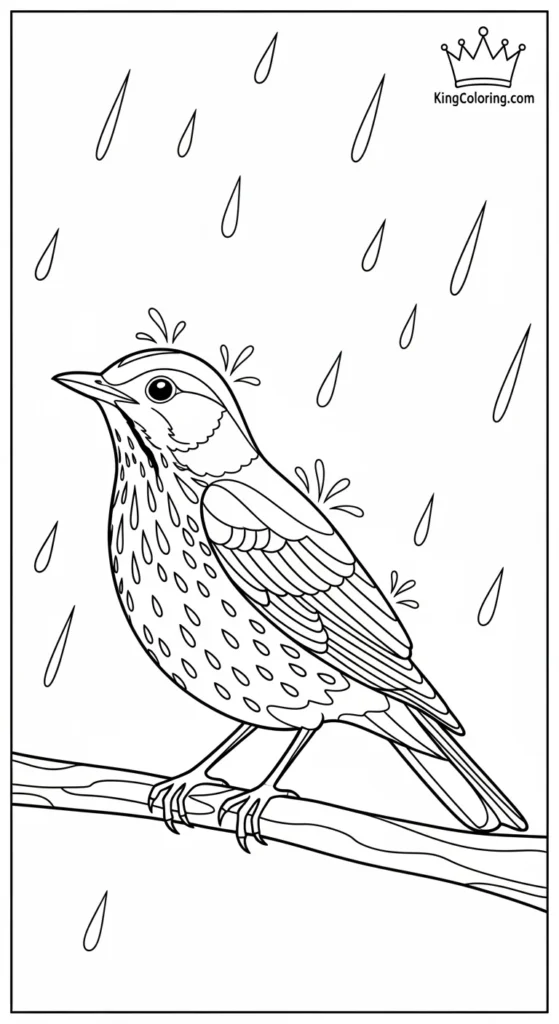 Under Light Rain, A Calm Thrush Coloring Sheet.