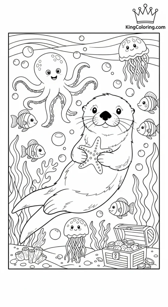 Underwater Scene Featuring A Sea Otter Coloring Sheet.
