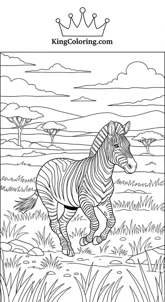 Wild Plains Scene Featuring A Running Zebra Printable Coloring Page