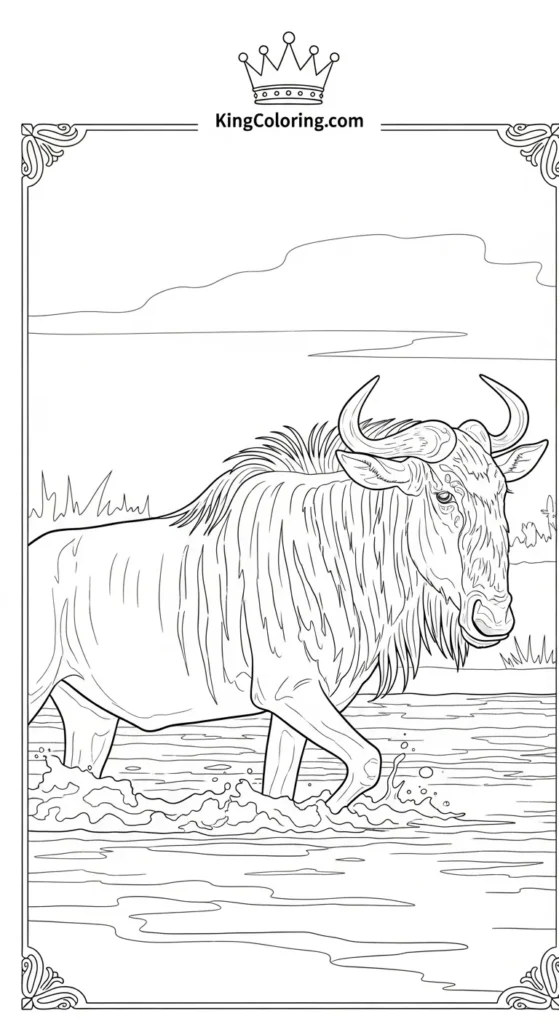 Wildebeest Crossing Shallow River Coloring Page For Kids