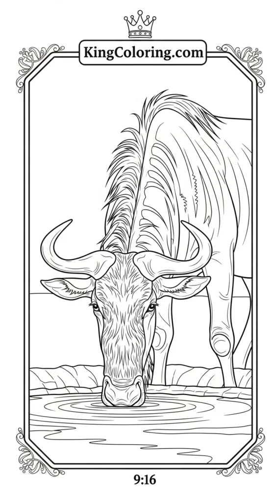 Wildebeest Drinking From Waterhole Printable Coloring Page