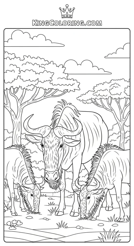 Wildebeest Family Grazing Near Trees Coloring Sheet