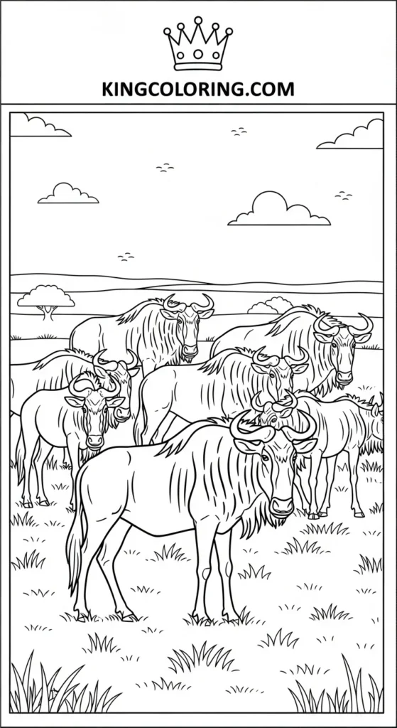 Wildebeest Herd On Open Grassland Coloring Sheet