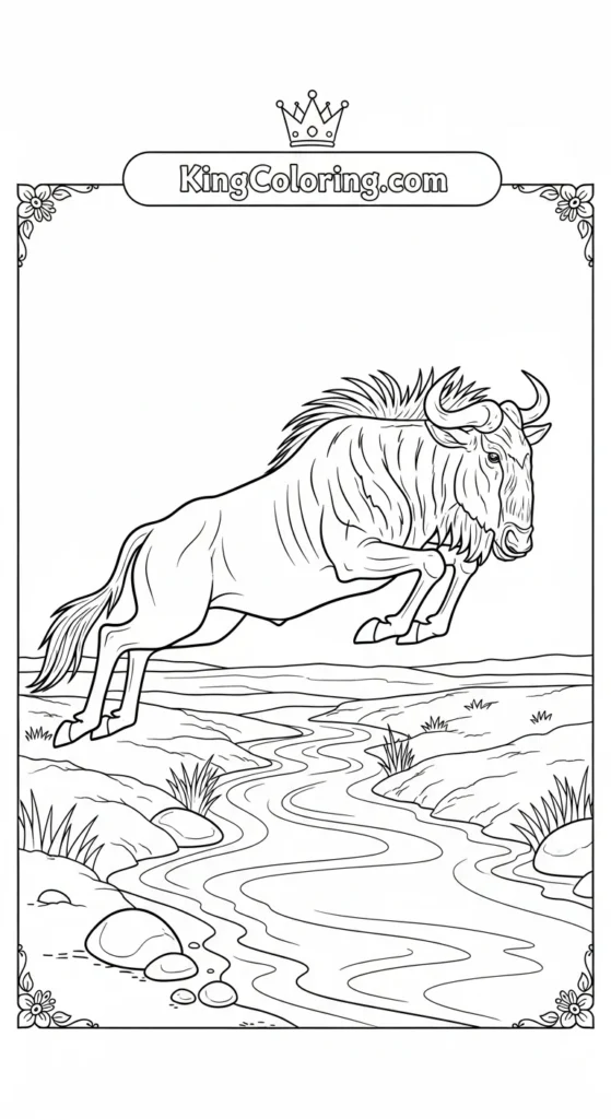 Wildebeest Jumping Over Small Stream Coloring Page