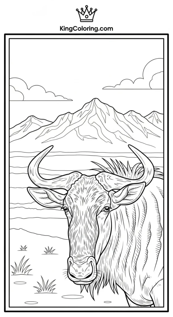 Wildebeest Looking Toward Distant Mountains Coloring Page