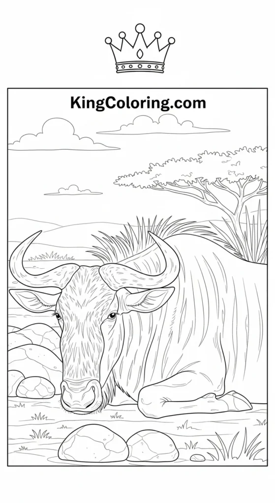 Wildebeest Resting Beside Savannah Rocks Coloring Sheet