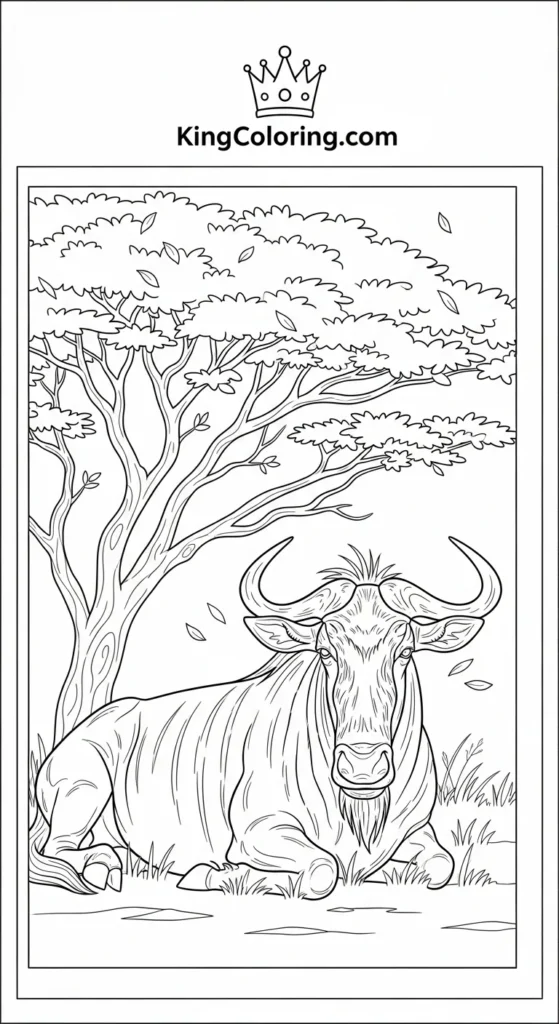 Wildebeest Resting Under Acacia Tree Coloring Page
