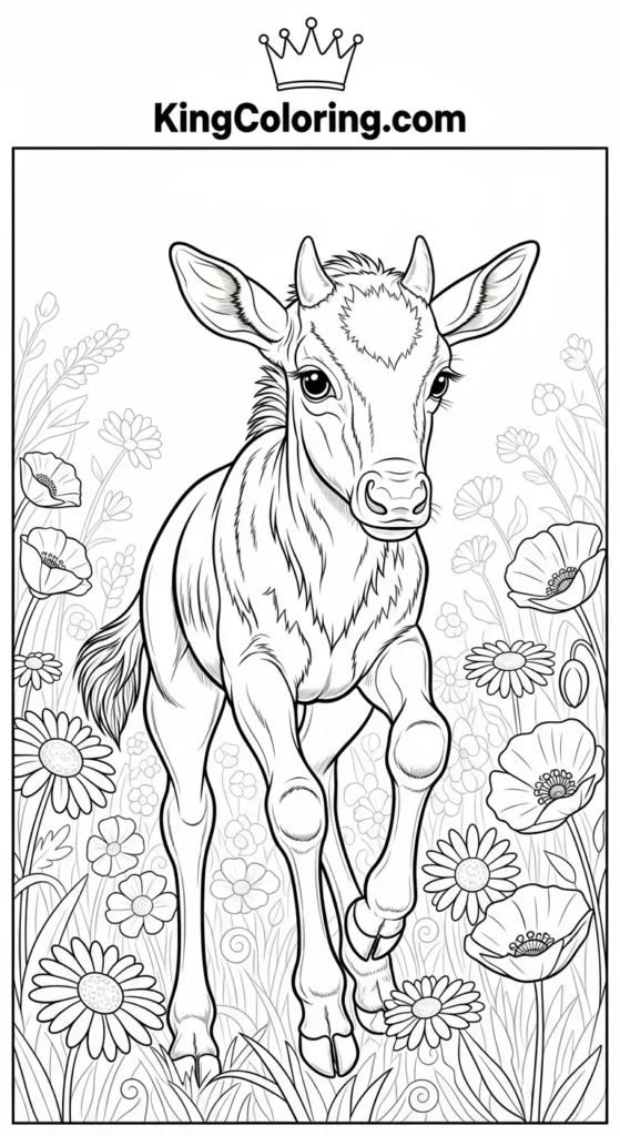 Wildebeest Running Through Wildflowers Coloring Page