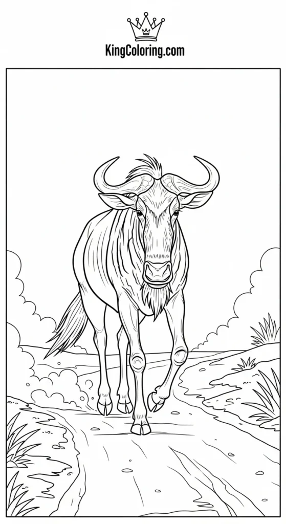 Wildebeest Trotting Across Dusty Path Printable Coloring Page