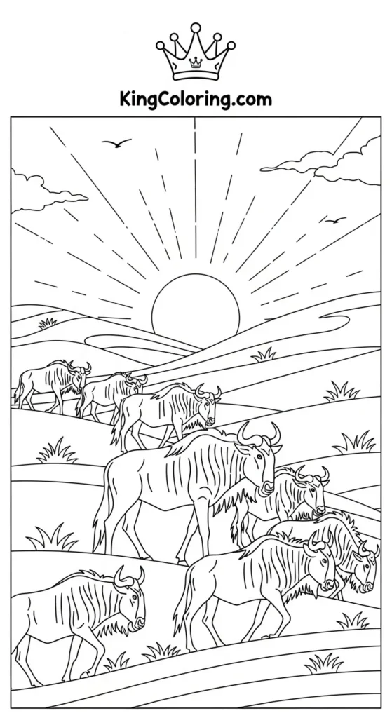 Wildebeest Walking Along Sunset Hills Coloring Sheet