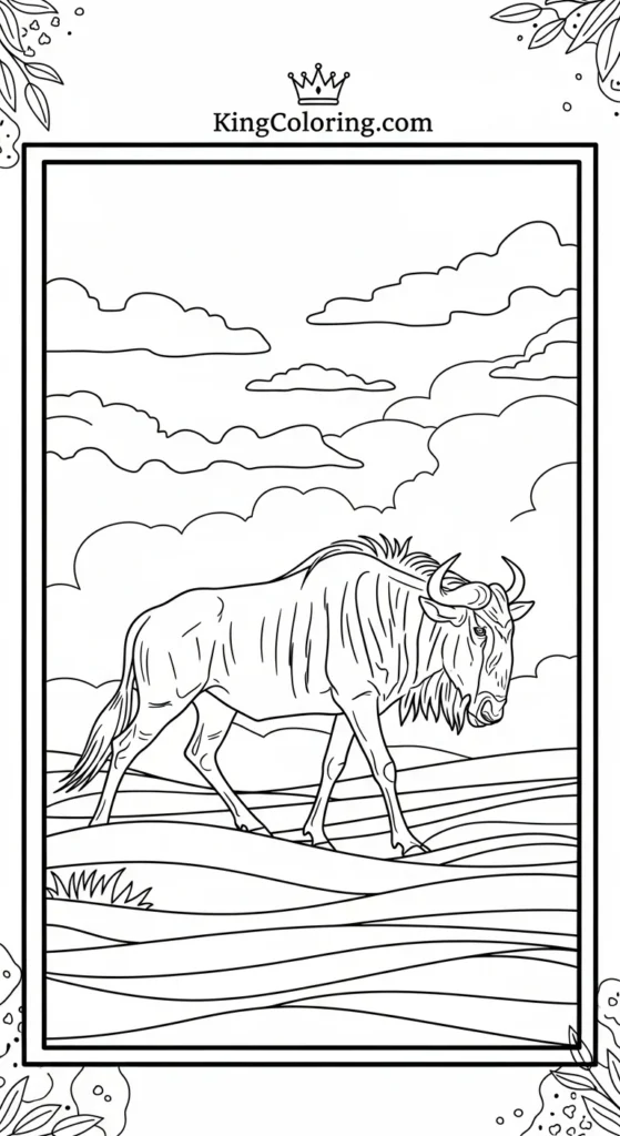 Wildebeest Walking Through Morning Fog Printable Coloring Page