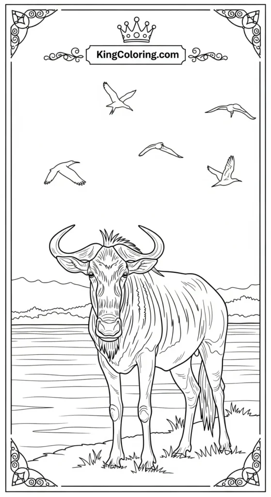 Wildebeest Watching Birds Fly Over River Coloring Page,