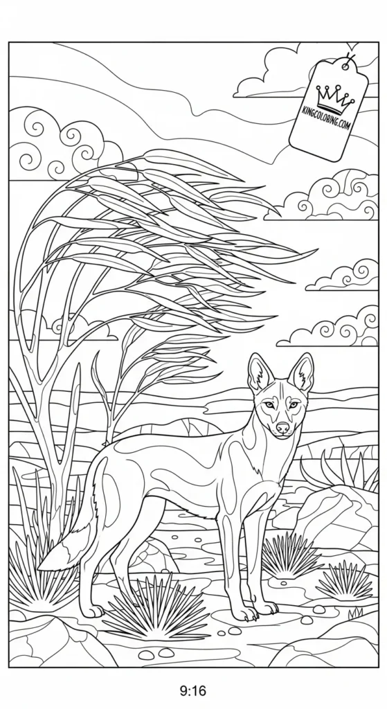 Windy Outback Scene Featuring A Dingo Coloring Page.