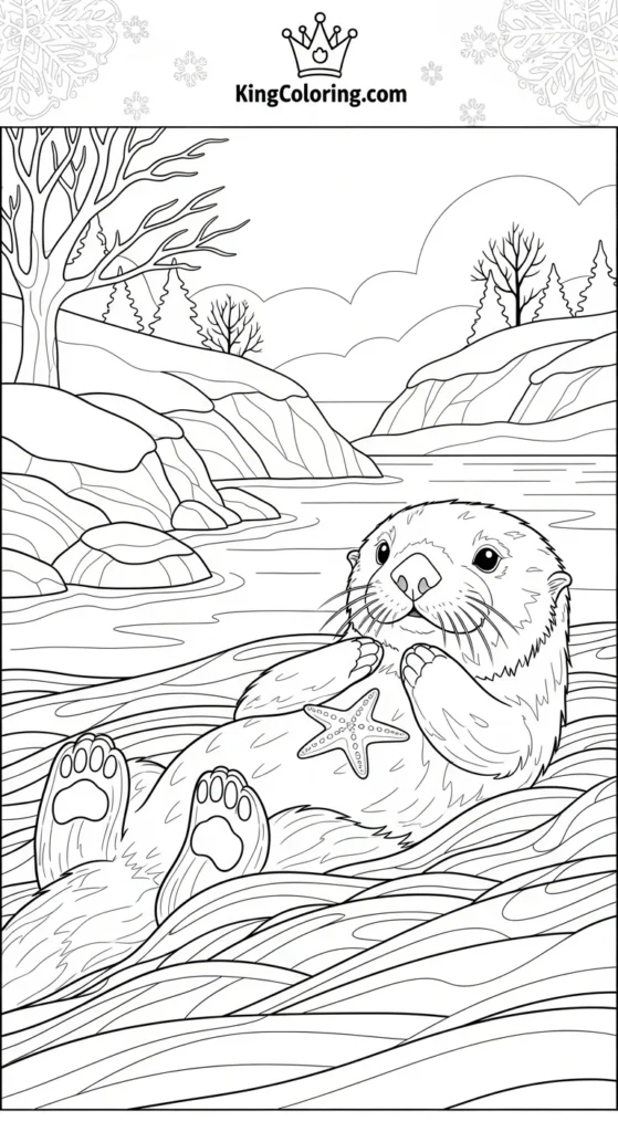 Winter Coastline With A Calm Sea Otter Coloring Page.