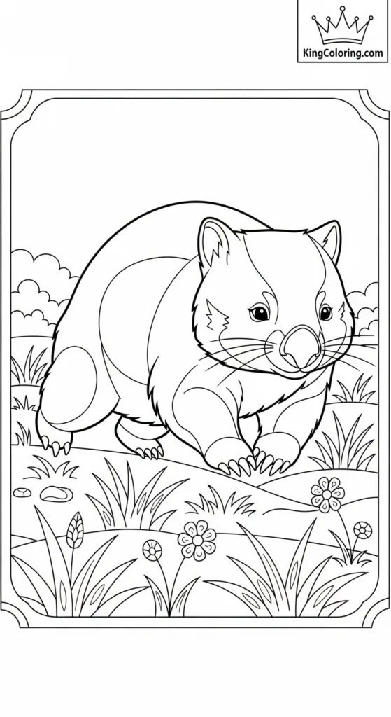 Wombat Mid-Stride Across Meadow Coloring Page.