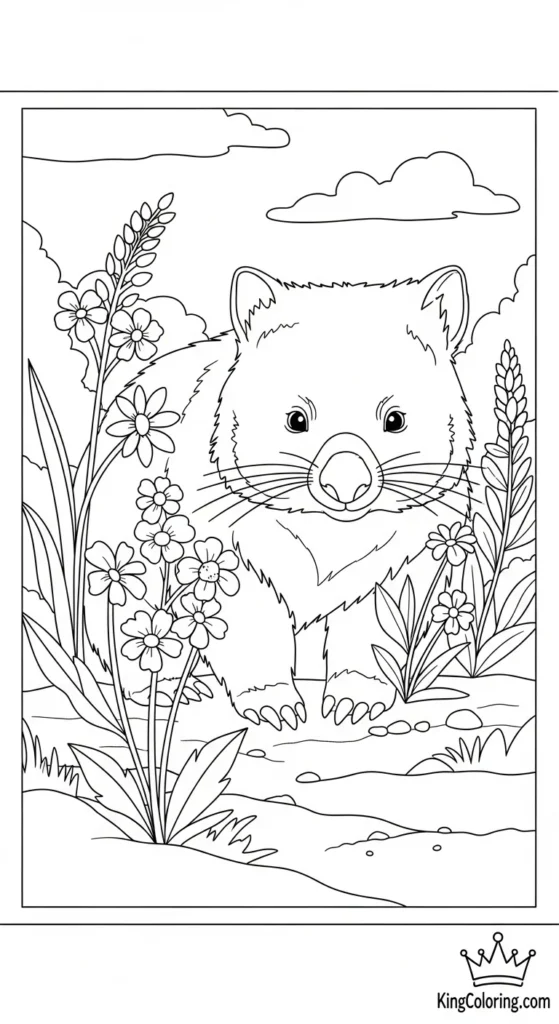 Wombat Near Wildflowers In Spring Printable Coloring Page
