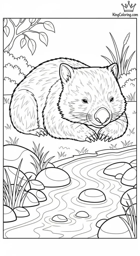Wombat Resting Near Small Creek Printable Coloring Page.
