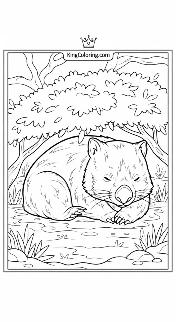 Wombat Resting Under Shaded Bush Coloring Page
