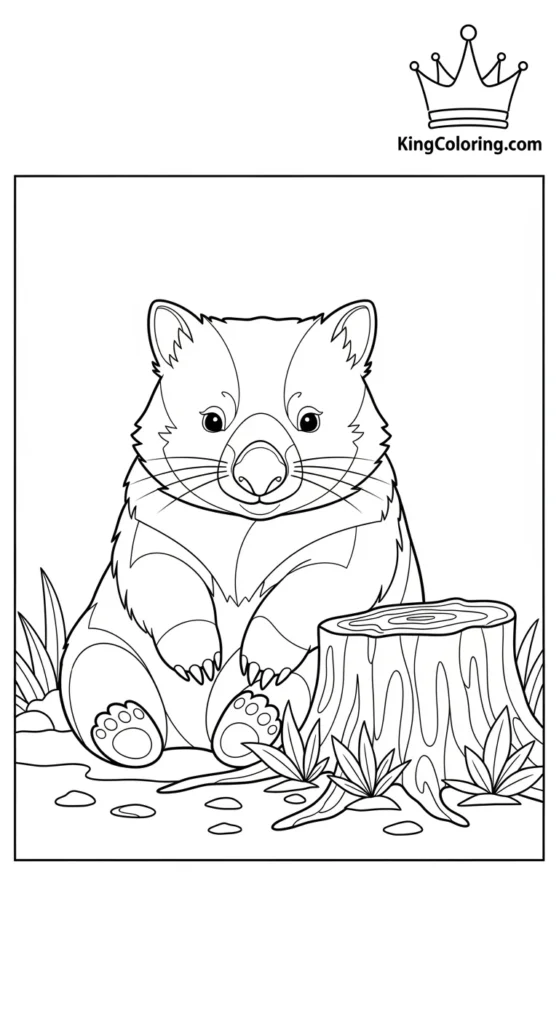 Wombat Sitting Near Tree Stump Coloring Sheet.