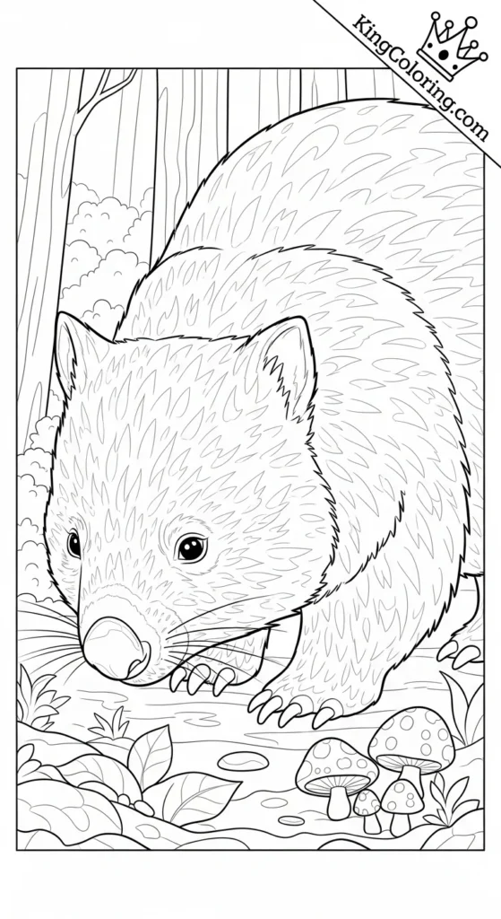 Wombat Sniffing Forest Floor Coloring Page.