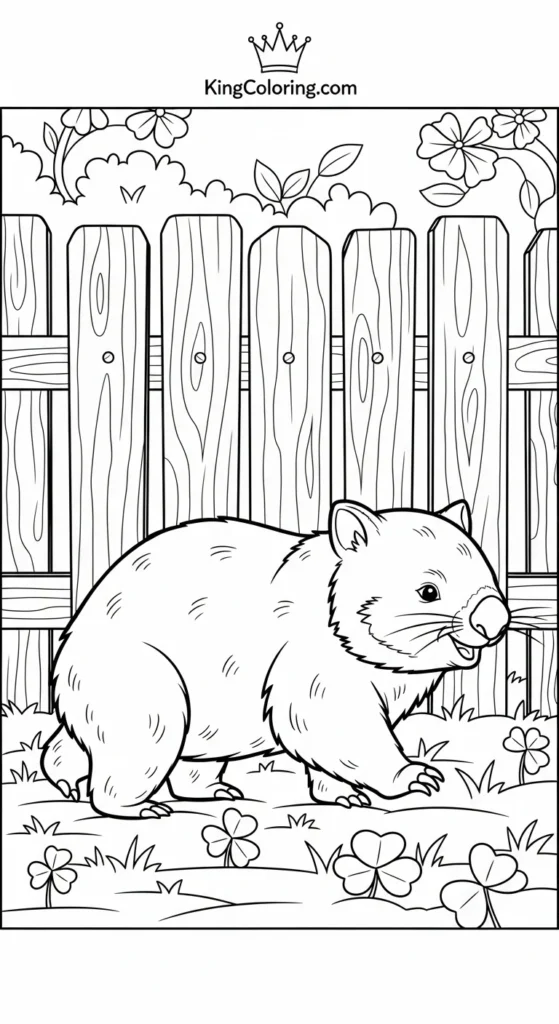Wombat Walking Past Wooden Fence Printable Coloring Page