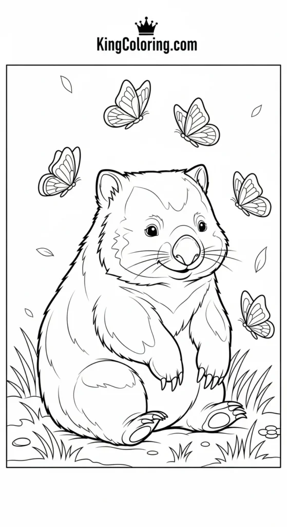 Wombat Watching Butterflies Fly Printable Coloring Page.
