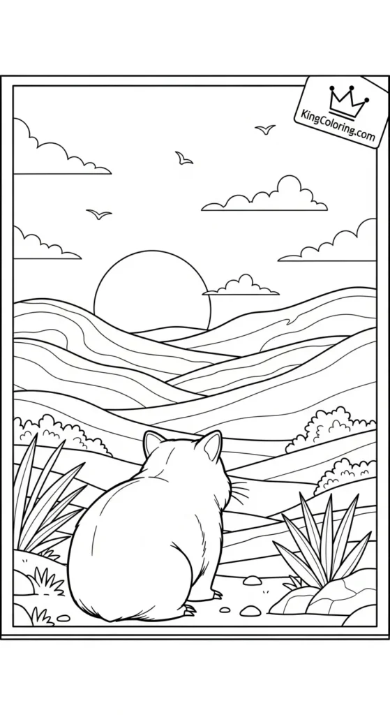 Wombat Watching Sunset Behind Hills Coloring Page.