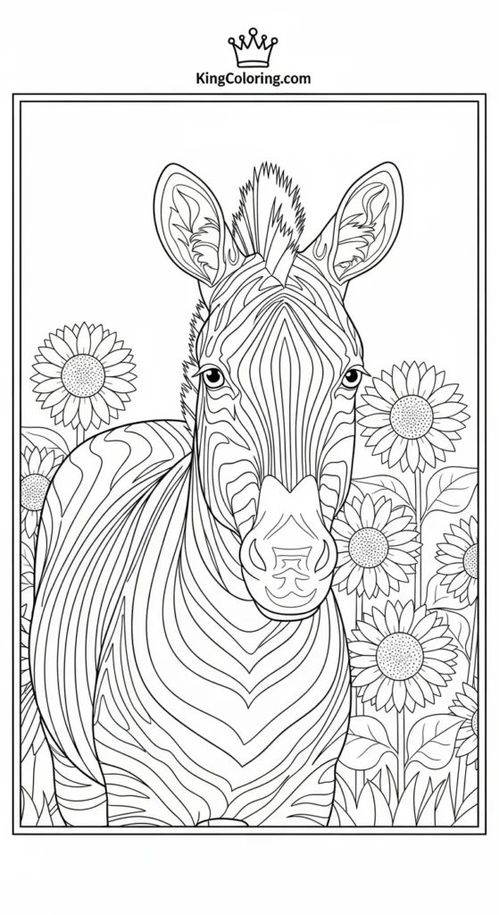 Zebra Near A Field Of Sunflowers Printable Coloring Page