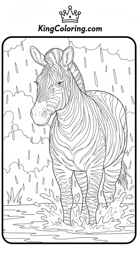 Zebra Splashing Through Rain Puddles Printable Coloring Page