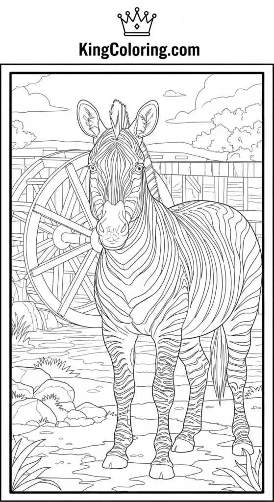 Zebra Standing Near A Watermill Coloring Page