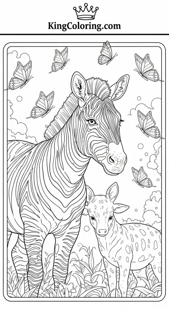 Zebra With Butterflies Around It Coloring Page
