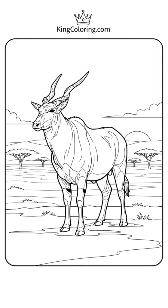 coloring page of a calm eland standing on a dusty African plain