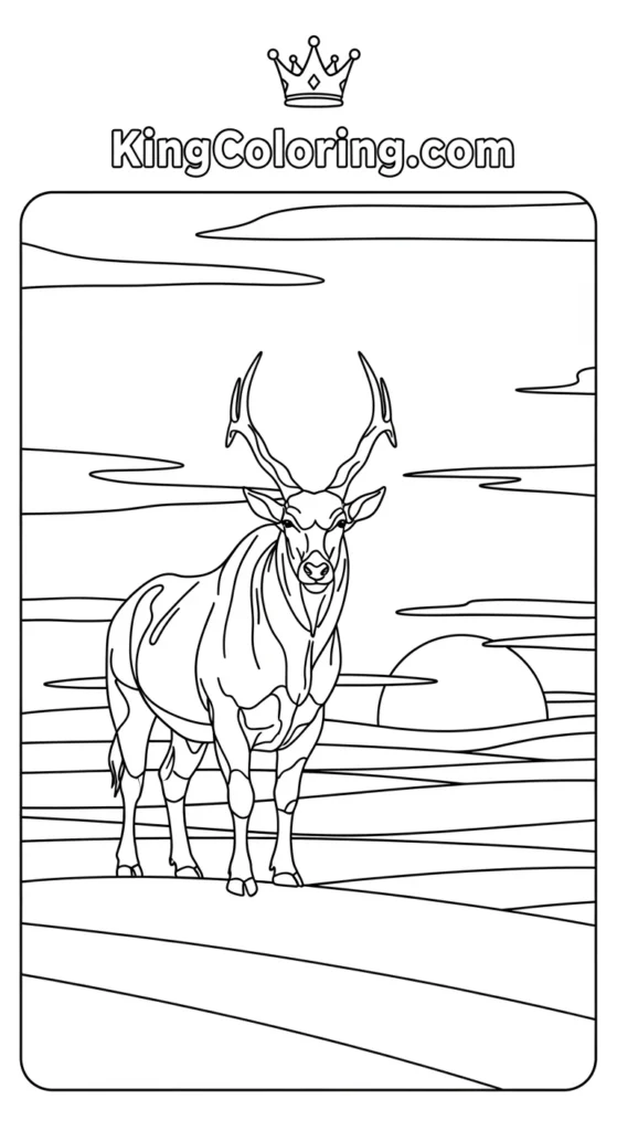 coloring page of a lone eland with large sunset behind, simple horizon scenery