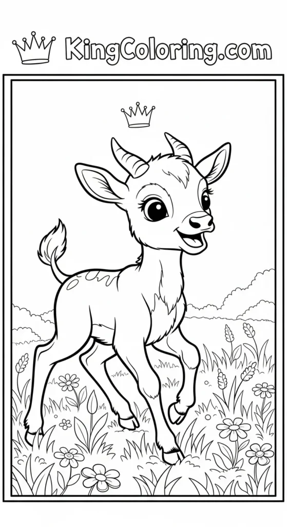 coloring page of a playful baby eland in a meadow, friendly wildlife scene,