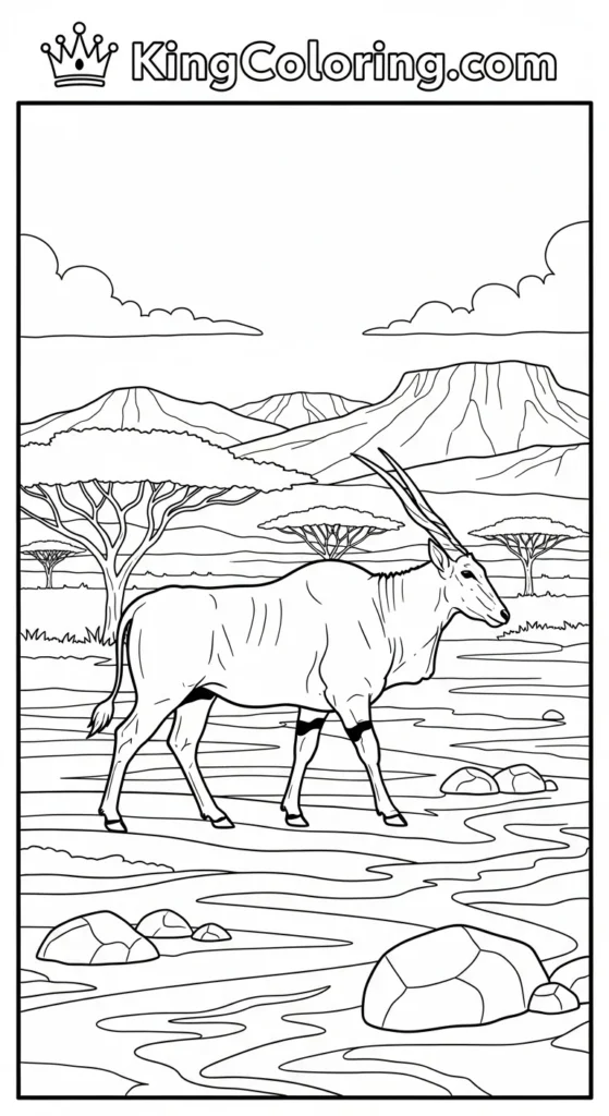 coloring page of an eland crossing a dry riverbed, African wildlife landscape