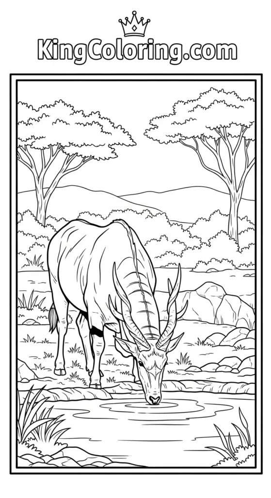 coloring page of an eland drinking from a waterhole