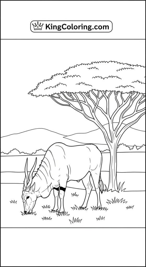 coloring page of an eland grazing near an acacia tree