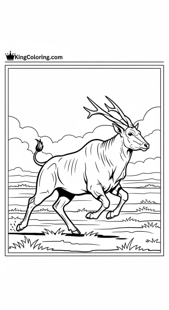 coloring page of an eland running across open plains, movement wildlife scene,