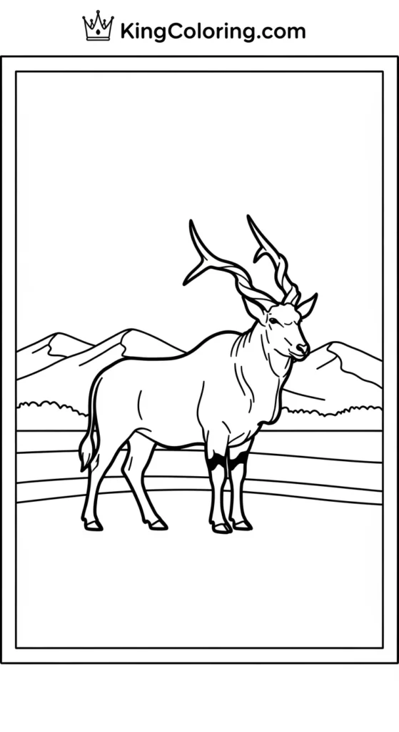coloring page of an eland silhouette with mountains in the background