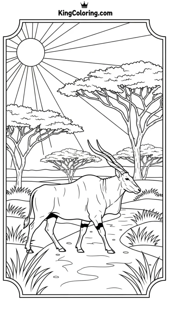 coloring page of an eland walking along a savannah trail, nature wildlife scene