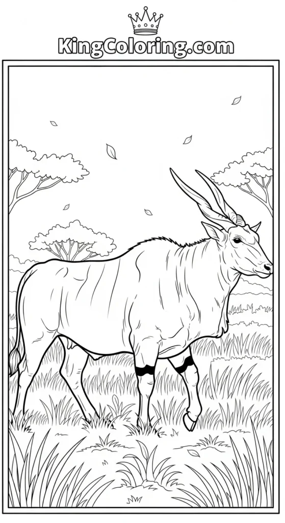 coloring page of an eland walking through tall savannah grass