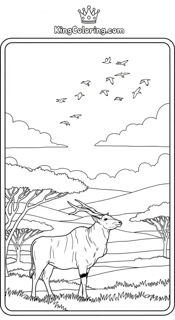 coloring page of an eland watching birds flying overhead, peaceful savannah view,