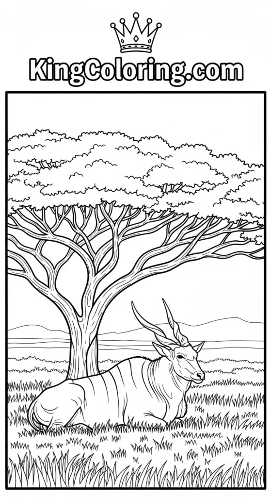 coloring sheets of an eland resting under a wide African tree, peaceful savannah scene