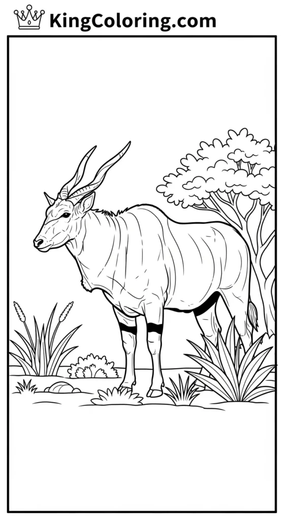 eland coloring page standing beside a wild bush, simple savannah plants,