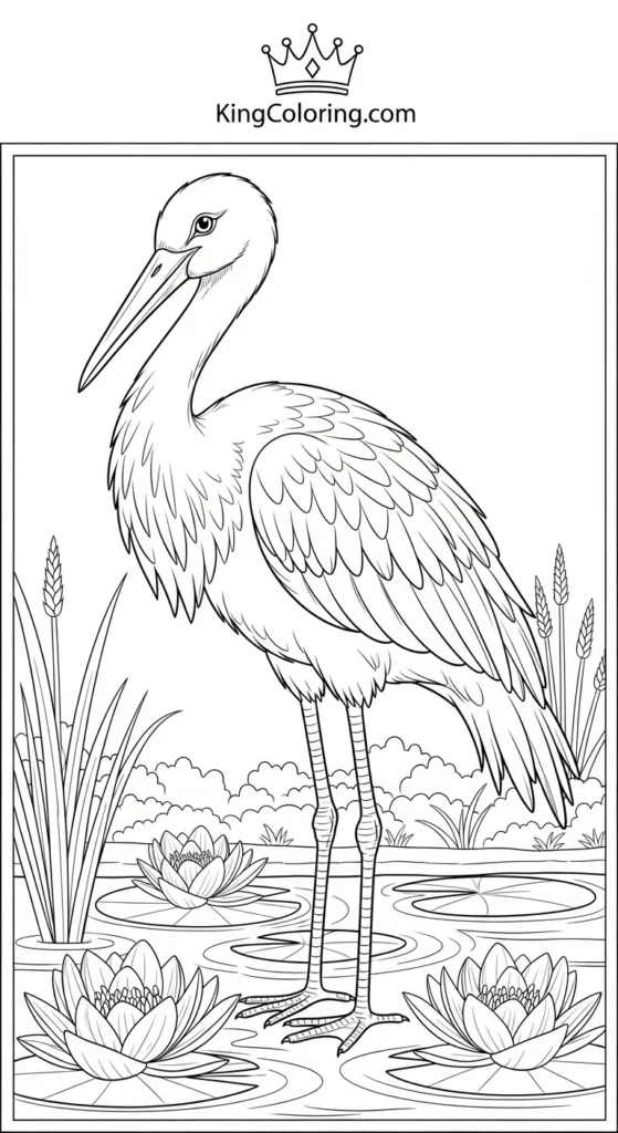 Stork Standing Beside A Water Lily Pond Coloring Page