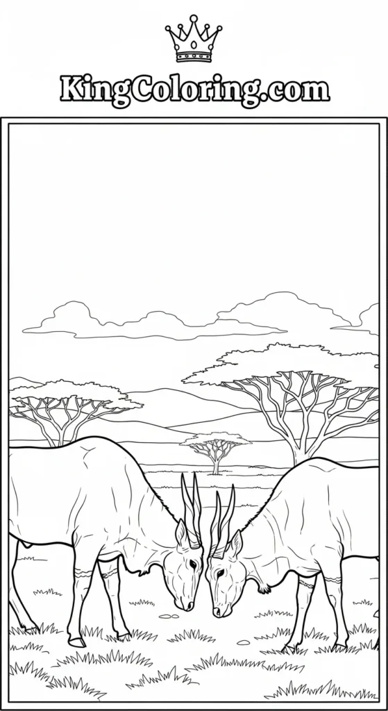 two eland coloring page meeting in the savannah, gentle wildlife interaction
